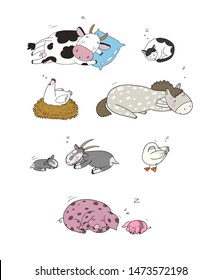 Sleeping Farm animals. Cute cartoon horse, cow and goat, sheep and goose, chicken and pig.