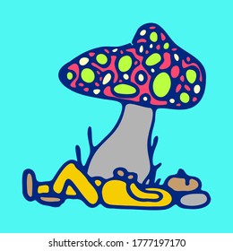 sleeping figure under magic mushroom in nature