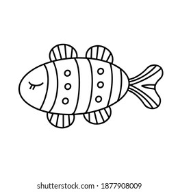 Sleeping fish - picture for coloring. Vector linear fish - animal design element. Freehand outline drawing. Black and white.