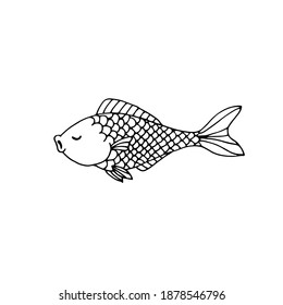 Sleeping fish. Vector hand-drawn doodle illustration. Black and white outline. Coloring.