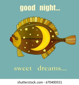 Sleeping flounder fish,  moon and  stars,  cartoon  illustration.