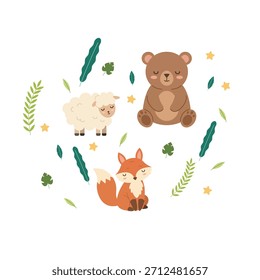 Arte vectorial de los animales del bosque que duerme. Oso lindo, oveja, y Colección del zorro. Diseño de arte de Clip de vivero Sweet Dreams.