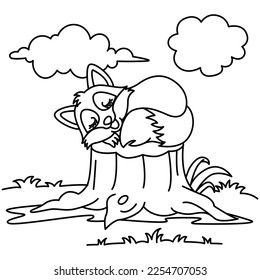Sleeping fox cartoon characters vector illustration. For kids coloring book.