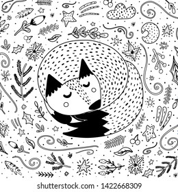 Sleeping fox coloring page for adults and kids. Black and white background. Vector illustration