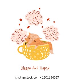 sleeping fox in a cup vector