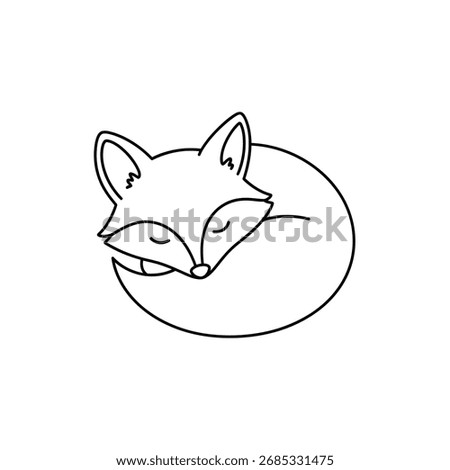 Sleeping Fox Curled Up Line Art - Cute Hand-Drawn Black and White Outline of a Wild Animal Resting for Coloring Book or Logo

