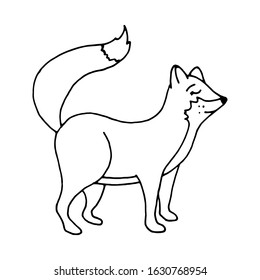 Sleeping fox design element. Сoncept nature, wildlife. Hand drawn vector illustration in doodle style outline drawing isolated on white background.