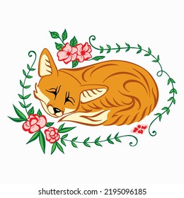 Sleeping Fox Framed Floral Ornament. Vector Illustration Isolated On White Background. Cartoon Doodle Animals, Flowers Illustration. Floral Frame, Icons. For T Shirts, Posters, Postcards, Fabric.