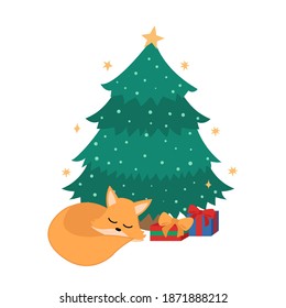 Sleeping fox and gift boxes under the Christmas tree. Flat vector illustration.