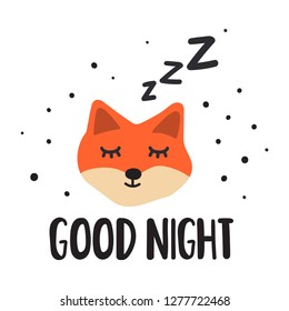 Sleeping fox, good night. Hand drawn icon with lettering. Vector illustration for greeting card, t shirt, print, stickers, posters design.