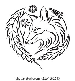 Sleeping fox head in floral ornament. Black and white linear drawing. Vector illustration. Calligraphy illustration.