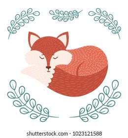 Sleeping fox. Isolated icon on herbal background
