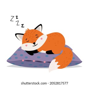 Sleeping fox. Orange cute tod sweet dreams on soft pillow, smiling foxy face autumn babies sleeps cartoon vector graphic isolated on white background