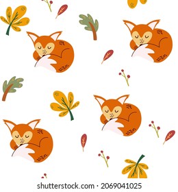 Schlafende Fuchs nahtloses Muster. Herbstlaub. Fantastischer Waldhintergrund in hellen Farben. Perfekt für Textil-, Tapete- oder Druckdesign. Handgezeichnet Vektorgrafik.