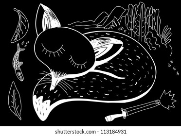 sleeping fox , shotgun, fish and forest