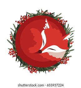 Sleeping fox with viburnum, round shape. Vector illustration.