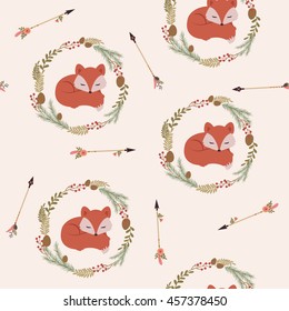 Sleeping fox in a wreath with arrows. Vector seamless pattern. Tribal, ethnic or Native American themed wallpaper