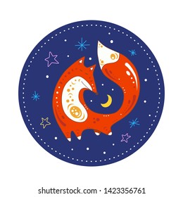 Sleeping foxes hand drawn vector illustration. Isolated flat illustration of animal in doodle style. With design element of  stars.