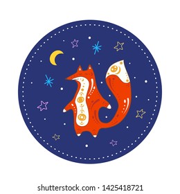 Sleeping foxes hand drawn vector illustration. Isolated flat illustration of animal in doodle style. With design element of moon and stars.