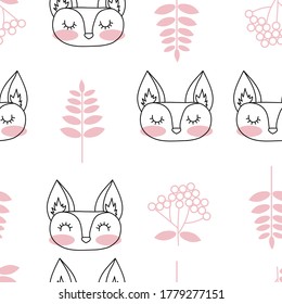 Sleeping foxes and plants, hand drawn backdrop. seamless pattern with animals. Decorative cute wallpaper, good for printing. Overlapping background vector. Design illustration