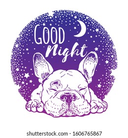 Sleeping french bulldog puppy. Good night illustration
