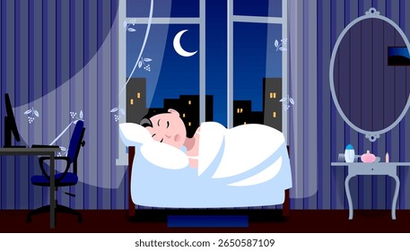 Dormindo engraçado desenho animado menina à noite na cama sob um cobertor branco no quarto azul perto da janela aberta. Desenho a cores em linha plana vintage estilo cartoon. Ilustração vetorial