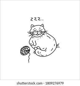 Sleeping funny cat and a ball of wool. Cute sketch animal. Doodle element. Simple hand drawn vector sketch illustration isolated on a white background.