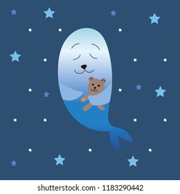 Sleeping Fur Seal On The Background Of A Starry Night Sky. Element For The Design Of The Poster In The Nursery, Greeting Card, Postcard. Vector Illustration