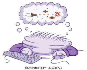 Sleeping gamer cartoon, vector, horizontal, over white,  isolated 