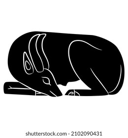 Sleeping gazelle. Ancient Egyptian animal motif. Black and white negative silhouette.