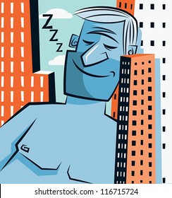 Sleeping giant A big blue giant is taking a nap amongst a group of tall buildings.