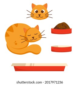 Sleeping ginger cat. Head of a cute cat. Bowl with food and empty plate. Cat basket. Isolated on white background. Vector illustration
