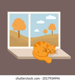 Sleeping ginger cat on the windowsill. Window with autumn view. Trees and clouds. Fall season. September, October, November. Cute baby cat on white background. Vector illustration 8 eps.