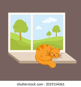 Sleeping ginger cat on the windowsill. Window with spring or summer view. Trees and clouds.  Cute baby cat on white background. Vector illustration 8 eps.
