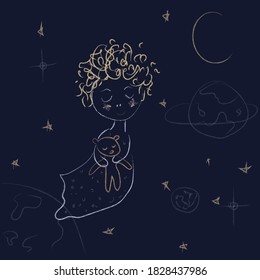 sleeping girl among the stars and planets