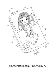 Sleeping girl. Baby in bed with toys. Time to sleep. Good night. Coloring book