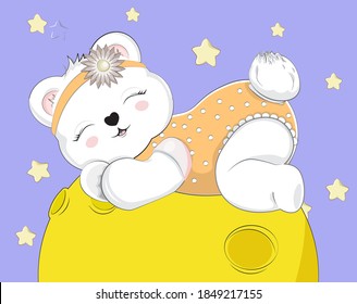 sleeping girl baby teddy bear on moon. Picture in hand drawing style for baby shower. Greeting card, party invitation, fashion clothes t-shirt print