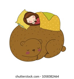 A sleeping girl and a bear. Good fairy tale. Good night. Time to sleep. Vector illustration.
