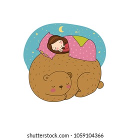 A sleeping girl and a bear. Good fairy tale. Good night. Time to sleep. Vector illustration.