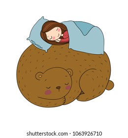 A sleeping girl and a bear. Good fairy tale. Good night. Time to sleep. Vector illustration.