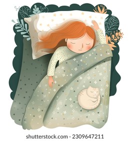 Sleeping girl, in bed, with a cat. Time to sleep. Good night. Vector illustration.