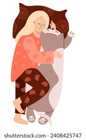 Sleeping girl blonde with plush big cat toy. Female character with Soft plush anti-stress huggable toy. Time relax. Vector illustration in flat style