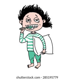 sleeping girl brushing her teeth and hates early morning. Vector illustration.