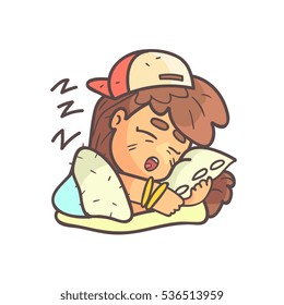 Sleeping Girl In Cap, Choker And Blue Top Hand Drawn Emoji Cool Outlined Portrait