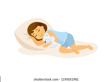 Sleeping girl - cartoon people character isolated illustration on white background. High quality composition with a baby lying in bed, hugging a teddy bear, having a dream. Perfect for presentations