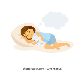 Sleeping girl - cartoon people character isolated illustration on white background. High quality composition with a baby lying in bed, hugging a teddy bear, having a dream. Perfect for presentations