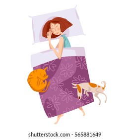 Muchacha durmiendo con un gato y un perro. Buenas noches. Dulces sueños. Ilustración del vector