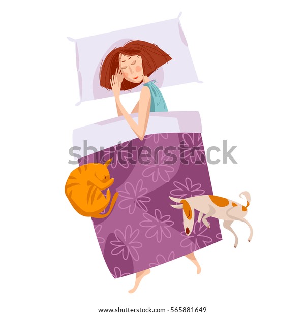 猫と犬と寝ている女の子 おやすみ 甘い夢 ベクターイラスト のベクター画像素材 ロイヤリティフリー