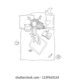 Sleeping girl and cat. Good night. Sweet Dreams. Comfortable bed with pillows and blanket.a little witch and an owl. Happy Halloween