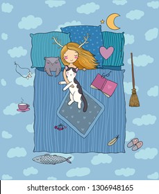 Sleeping girl and cat. Good night. Sweet Dreams. Comfortable bed with pillows and blanket. little witch and owl. Happy Halloween